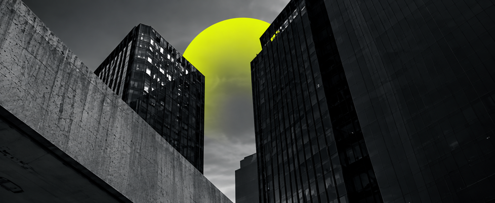 Office towers framing a lime sun